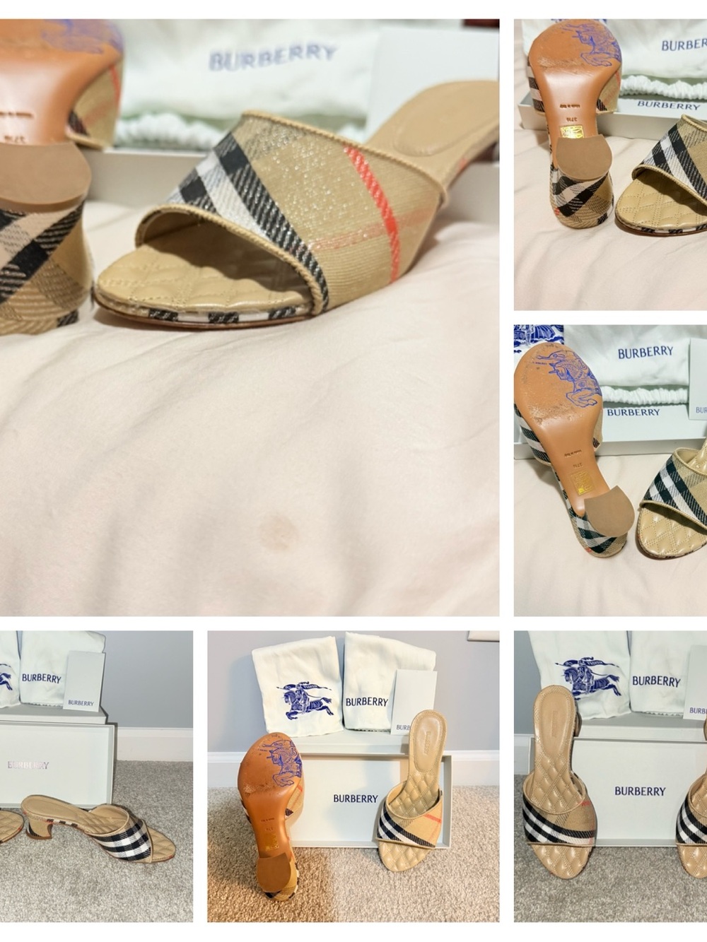 Burberry Beige Check Open-Toe Slide Mules with Red Stripe